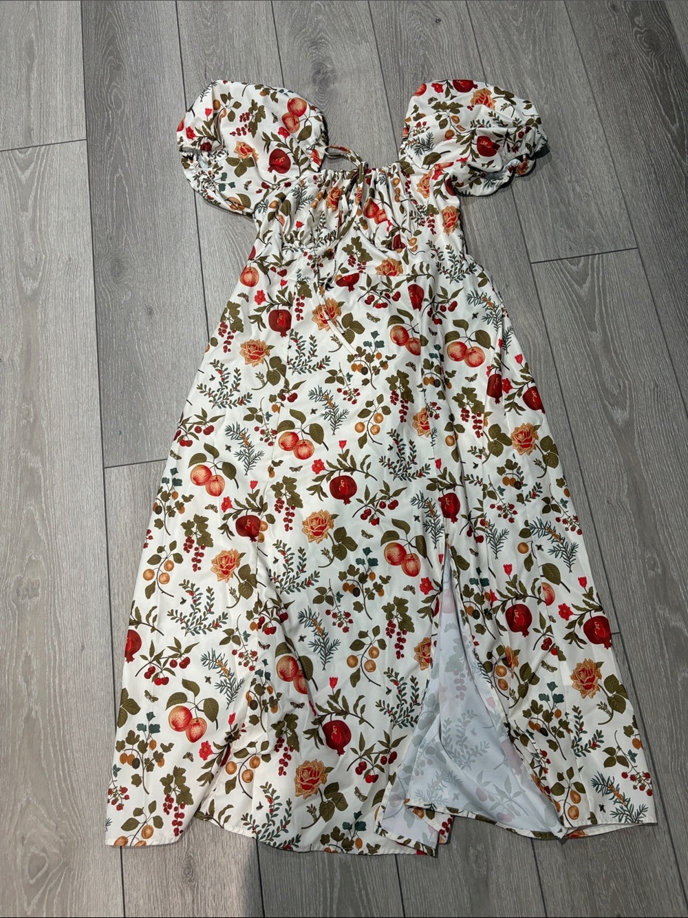 Cider White Floral Puff-Sleeve Maxi Dress with Red and Olive Print